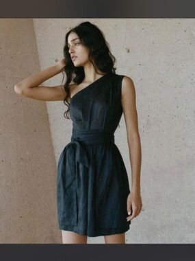 Doen Yvonne One-Shoulder Black Linen Mini Dress with Waist Tie